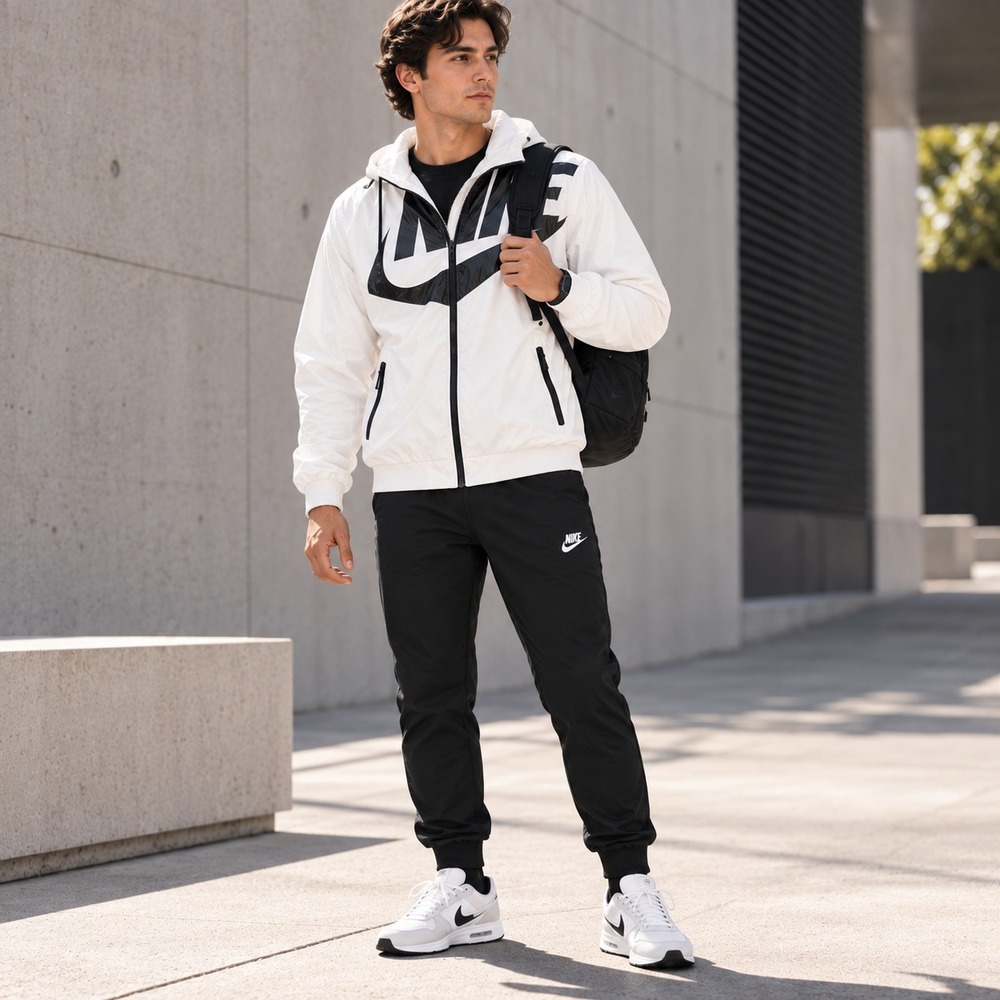 NIKE Men's Windrunner GX1 LARGE White Black Big Logo Hooded 902351-100